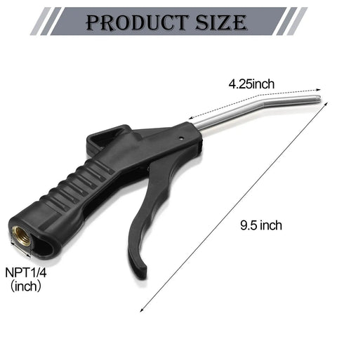 8 Piece Air Blower Nozzle Set With Pistol Grip For Compressor, shown with dimensions of iron barrel and POM handle, black