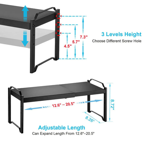 Built Tough Expandable Cabinet Shelf Organizer Set Featuring Adjustable Countertop Storage Rack To Knock Out Clutter And Keep Your Kitchen Stuff Locked In, measuring 12.6-20.5 inches, adjustable height.