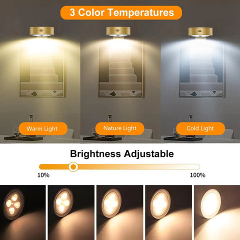 Three Pack Wireless Battery Operated Picture Lights With Remote And Timer For Art Frames No Sweat Install Killer Glow Smooth Dimming In Gold Finish with adjustable brightness and three color temperatures.