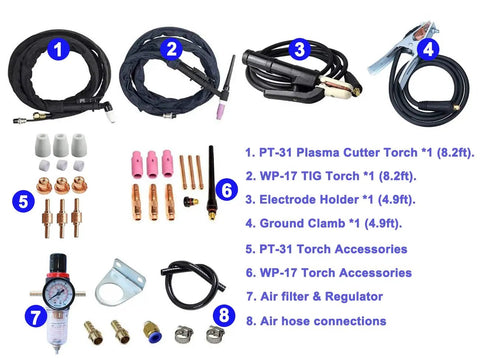 Accessories for 3 In 1 Plasma Cutter And Welder Combo Machine With Dual Voltage 110V 220V, 40A Plasma, 180A Lift TIG, 180A Stick