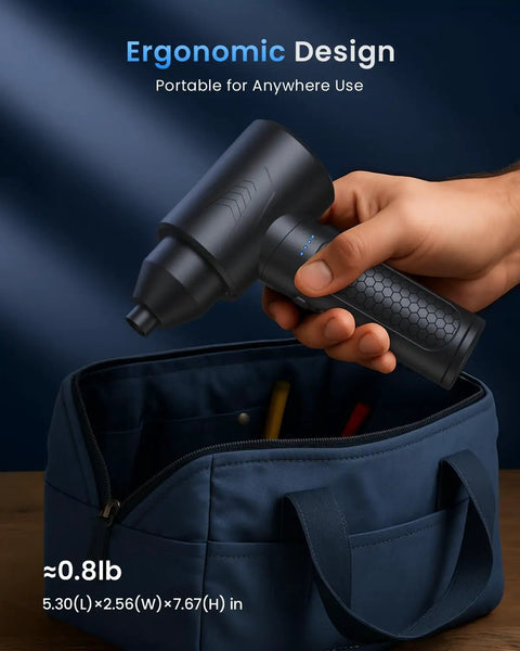 Rechargeable Brushless Air Duster With Bright Led Light And High Speed Fan For Instant Keyboard Laptop And Pc Cleaning held in hand
