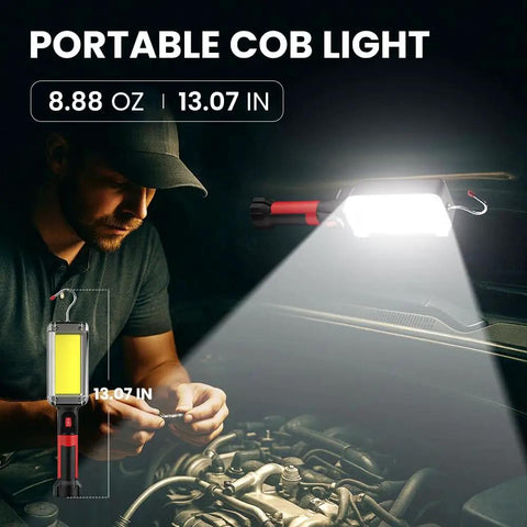 Rechargeable COB LED Work Light With Magnetic Hands Free Mount used for engine repair, showing 700 lumen brightness.