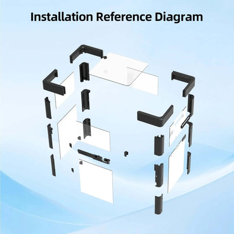 Installation diagram for Upgraded Enclosure Kit For Falshforge AD5X 3D Printer with acrylic panels and screws.