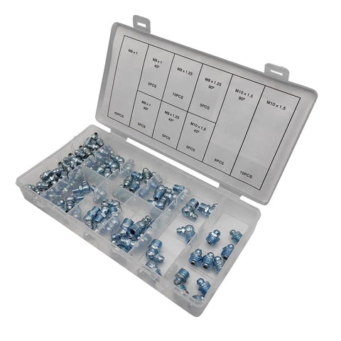115 Piece Grease Nipple Fittings Set with Straight 90 Degree and 45 Degree Angles in M6 M8 M10 Threads for Grease Guns Machinery