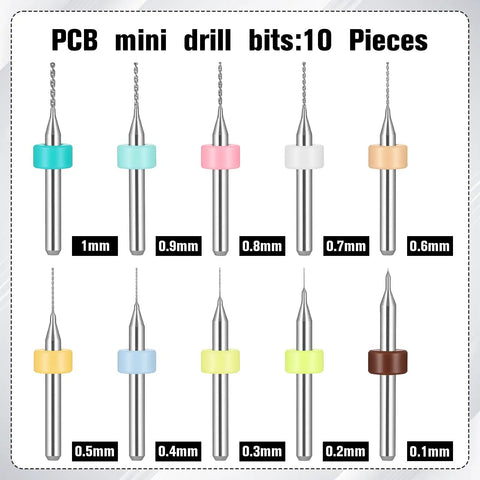 Real Deal Hand Drill Bits Set With Pin Vise Featuring 59 Pieces Of Micro Twist Drills And Tungsten Carbide Pcb Mini Bits For Resin Crafting Polymer Clay Wood Carving And Diy Jewelry Projects Daily, showing 10 PCB mini drill bits in various sizes.