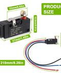 Three Line 10A 250VAC Micro Limit Switch SPDT Waterproof With Roller Lever And Prewired Pack Of 2, dimensions labeled.