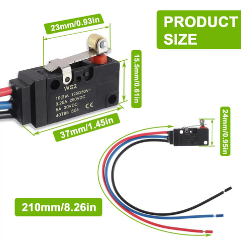 Three Line 10A 250VAC Micro Limit Switch SPDT Waterproof With Roller Lever And Prewired Pack Of 2, dimensions labeled.