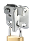 Heavy Duty Stainless Steel Sliding Bolt Door Latch With A Brushed Finish For Secure Gate Closure and Reliable Drawer Security That Is Tough As Nails and Holds Its Ground Perfectly, close-up view with lock.