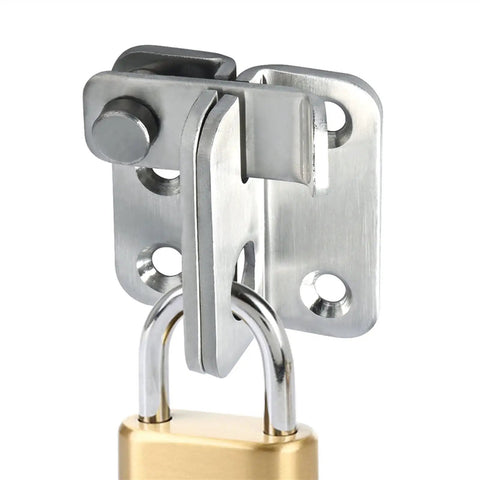 Close-up of SSWKTCRPZ Stainless Steel Sliding Bolt Lock Door Latch Gate Drawer Hardware with padlock, showing metal finish.