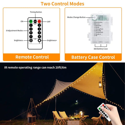 Battery Operated Outdoor String Lights 33Ft 100LED With Remote Timer 8 Modes show two control modes and tent setup