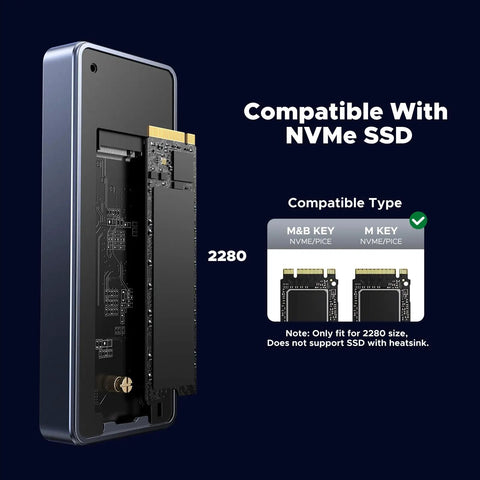 Top Shelf M2 Nvme Ssd Enclosure Harnessing 40Gbps dual chip brains showing 2280 slot and compatibility with NVMe SSD.