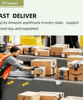Worker handling packages on conveyor in Amazon warehouse, focused on efficient delivery process.