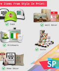 Collage of personalized items including caps, wall décor, drinkware, socks, and home décor labeled with green checkmarks.