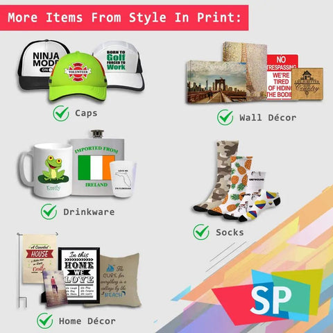Collage of personalized items including caps, wall décor, drinkware, socks, and home décor labeled with green checkmarks.