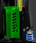 Close-up of green steel cover and suspension mechanism on Heavy Duty 3300 Lb Electric Pallet Jack Truck for easy operation.