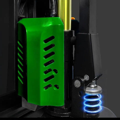 Close-up of green steel cover and suspension mechanism on Heavy Duty 3300 Lb Electric Pallet Jack Truck for easy operation.