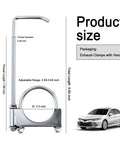 Diagram of 2.5 Inch Exhaust Clamps With Hanger For Car Exhaust System showing dimensions and packaging details next to a car