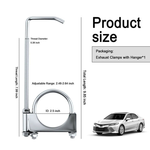 Diagram of 2.5 Inch Exhaust Clamps With Hanger For Car Exhaust System showing dimensions and packaging details next to a car