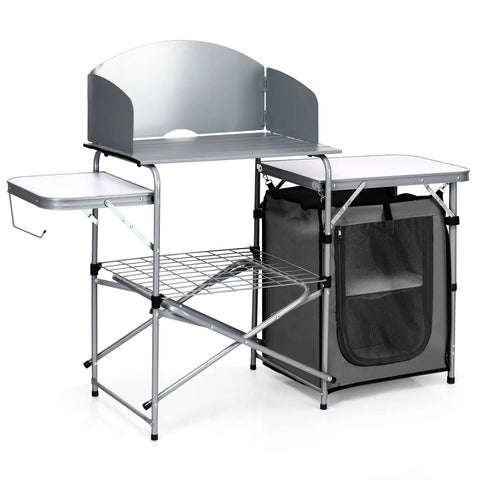 Folding Grill Table With 26 Inch Tabletop And Detachable Windscreen For Camping Kitchen Station Portable Aluminum Camp Cook Set With Carry Bag Easy Quick Setup For BBQ Picnic Backyard Grey