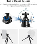 Go-To Mini Metal Table Tripod With 360 Degree Ball Head, dual U shaped notches, and camera setup demonstration.