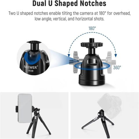 Go-To Mini Metal Table Tripod With 360 Degree Ball Head, dual U shaped notches, and camera setup demonstration.