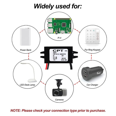 12V To 5V Buck Converter Module With 3A 15W Output, Micro USB Power Adapter, shown with compatible devices like cameras and LED lamps