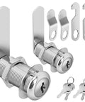 Heavy Duty Zinc Alloy Cam Locks For Cabinet Drawers And Rv Storage, Keyed Alike Two Piece Set With Matching Keys, 1-3/8 Inch Cylinder close-up view with keys.