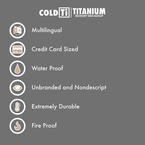 Titanium Seed Plates For Beefed Up Security In Crypto Seed Phrase Storage For Bitcoin And Ethereum Premium Cold Storage Metal Compatible With Trezor Ledger BitBox Includes 2 Plates And Seals featuring multilingual, credit card size, waterproof, unbranded, durable, fireproof features.