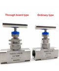 Needle valve, stainless steel SS304, 6000 PSI, through-board type, panel-mount female thread 1/4–1/2 in, blue knob.

Needle valve, stainless steel SS304, 6000 PSI, ordinary type, panel-mount female thread 1/4–1/2 in, blue knob.