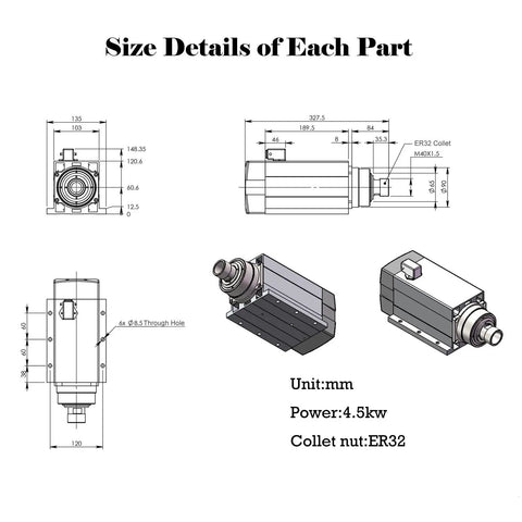 Technical drawings of Beefy 4.5KW 220V ER32 Square Spindle Motor with dimensions and specifications for CNC routers
