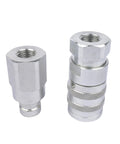 Two chrome hydraulic quick-connect adapters with 1/4 in NPT threads; knurled grip and hex nut.