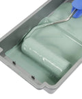 4 Inch Paint Tray With Liners Kit Includes 10 Disposable Liners And Roller Frame For Small Projects Cabinets And Crafts DIY Cleanup Pro Grade Reusable Gray Plastic Tray showcasing roller in gray tray with paint