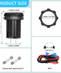Tailgate Tested 2 Pack 12V Usb Outlet With 4 Port Pd And Qc Fast Charging showing product dimensions, spare fuses, and wiring details.