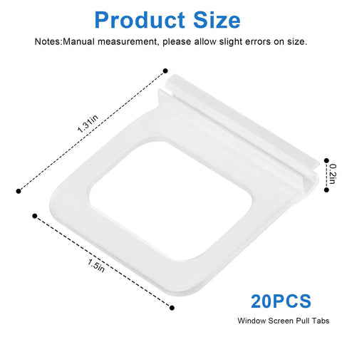 Clear Window Screen Pull Tabs 20 Pack Flat Spline Repair Clips For No Sweat Removal And Quick Swap Universal Fit DIY Home Fix With Smooth Channel Grip Sweet And Easy Install size 1.5in x 1.3in clear durable tabs