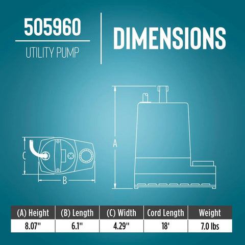 1/6 HP Rugged Aluminum Submersible Utility Pump dimensions: height 8.07", length 6.1", width 4.29", 18 ft cord.