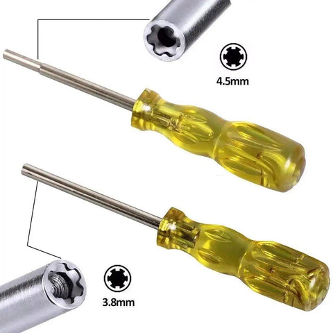 Hardened Steel Screwdriver Set With Quick Release Bit Holder, 3.8mm And 4.5mm Bits, handles and bit close-up