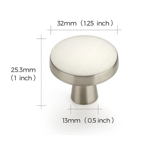 Slick Brushed Nickel Cabinet Knobs Rock Solid Zinc Pulls Single Hole Mount Quick Swap For Kitchen Drawers Fresh Home Hardware Upgrade Smooth Grip 10 Pack, 32mm knob with 25.3mm projection