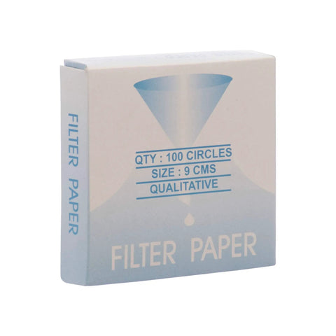 Qualitative Filter Paper 9 cm Disk 10 Micron Pore Size Medium Speed 85 GSM Lab Grade Pack of 100 for Chemistry Filtration and Sample Prep for Home Lab Use Ideal for Qualitative Testing and Routine Laboratory Filtration of Powders and Liquids, box front