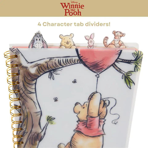 Winnie The Pooh Tab Journal Notebook With 96 Lined Pages, Spiral Bound 8x7 Inch White Vinyl Cover, Four Illustrated Dividers And Tabs