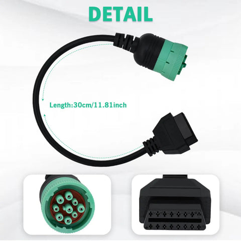 9 Pin To 16 Pin OBD2 Adapter Cable For Heavy Duty Trucks And Commercial Vehicles Type 2 Green J1939