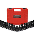 Three Eighths Inch Drive Shallow Universal Impact Socket Set, 15 Piece, 6 Point Metric 8mm To 22mm, with red carrying case
