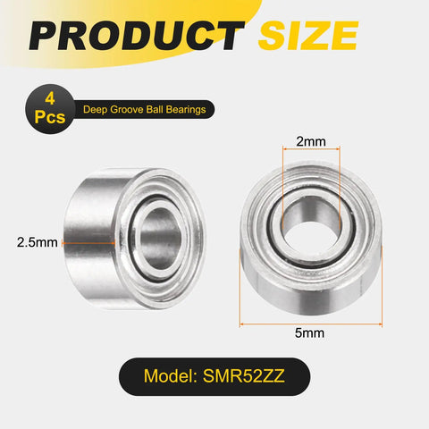 SMR52ZZ Deep Groove Ball Bearings 4 Pack, 2x5x2.5mm, 440C Stainless Steel, Double Shielded, side and front view