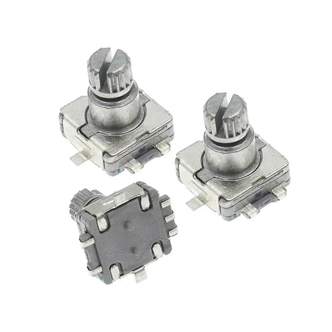 Five Pack Rotary Encoder Switch With Push Button Five Pin SMD Type Ten Millimeter Plum Shaft High Precision Incremental Encoder For Electronics Projects Dope Arduino And Robotics, showing three encoders from different angles.
