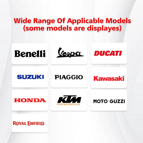 Brand logos including Benelli, Vespa, Ducati, Suzuki, Piaggio, Kawasaki, Honda, KTM, Moto Guzzi, and Royal Enfield