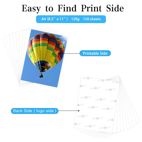 Sublimation Paper 8.5 By 11 Inches 150 Sheets 120Gsm Inkjet Printer Compatible with two sides visible, hot air balloon print.