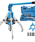 Heavy Duty Hydraulic Gear Puller Packing A Rugged Three Jaw Grip And Leak Proof Steel Frame For Yanking Stubborn Bearings Hubs And Gears Up To Twenty Tons Without Breaking A Sweat In Your Daily Shop Projects in blue with carrying case.