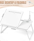 White Adjustable Laptop Desk For Bed With Storage Drawer And Phone Stand 23.6 Inch Large Surface showing large foldable desktop with lap tray.