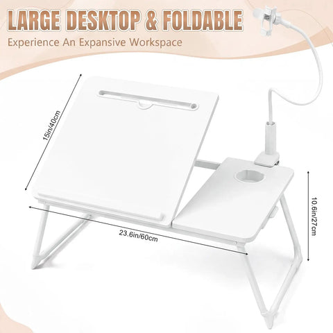 White Adjustable Laptop Desk For Bed With Storage Drawer And Phone Stand 23.6 Inch Large Surface showing large foldable desktop with lap tray.