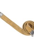 WWII British Enfield Web Khaki Sling With Steel Fittings Authentic Dated Military Gear For SMLE Rifles coiled with visible fittings.