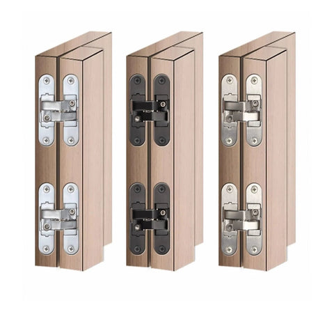 Hidden Cross Hinge for Wooden Doors with 3D Adjustable Alignment and 180 Degree Flat Folding, Invisible Door Hardware, side view
